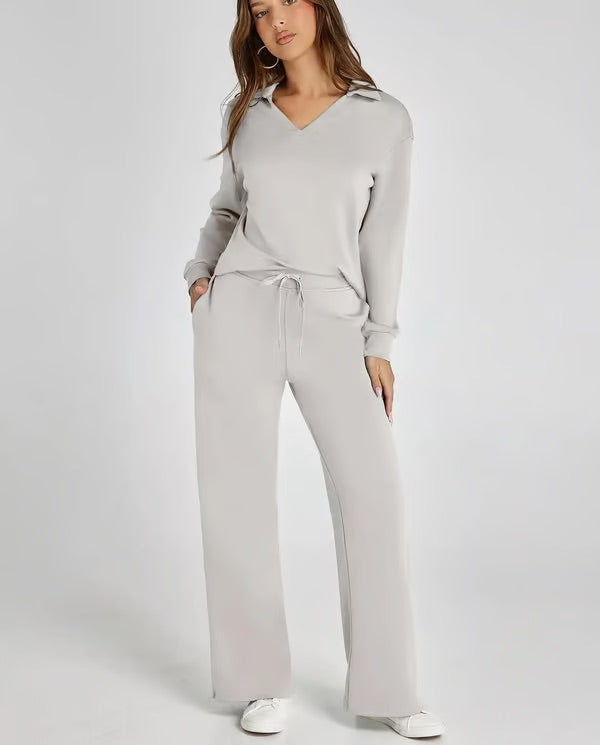 Completo Donna Maglione Scollo a V e Pantaloni Larghi Comodo Autunno