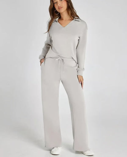 Completo Donna Maglione Scollo a V e Pantaloni Larghi Comodo Autunno
