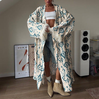 Kimono Maxicappotto Donna Stampa Leggera Manica a Piuma