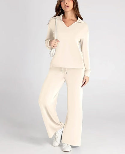 Completo Donna Maglione Scollo a V e Pantaloni Larghi Comodo Autunno