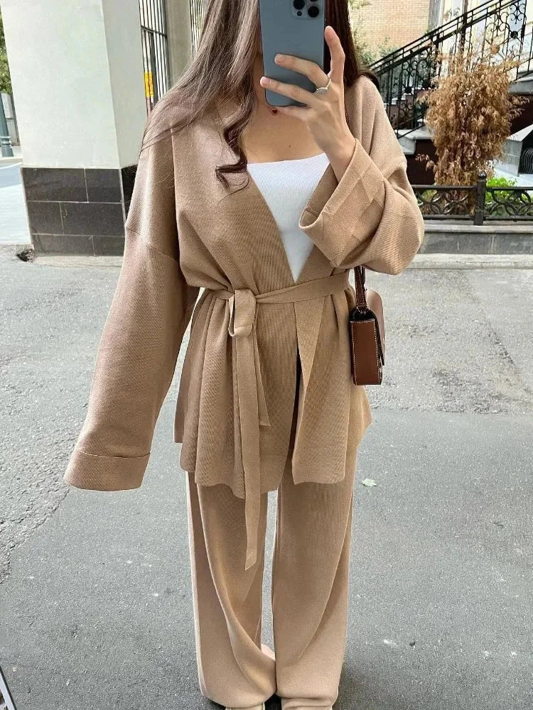 Completo Donna Cardigan Cintura e Pantaloni Maglia Morbida - Vesarelli