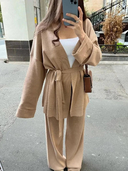 Completo Donna Cardigan Cintura e Pantaloni Maglia Morbida - Vesarelli