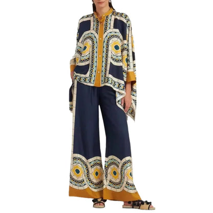 Ensemble femme boho chic en coton léger avec motifs floraux colorés, idéal pour le printemps. Confort et style décontracté.