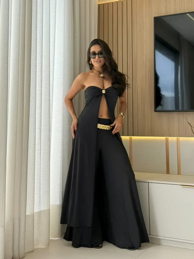 Ensemble femme noir en tissu léger, comprenant un palazzo fluide et un crop top ajusté, idéal pour le printemps.