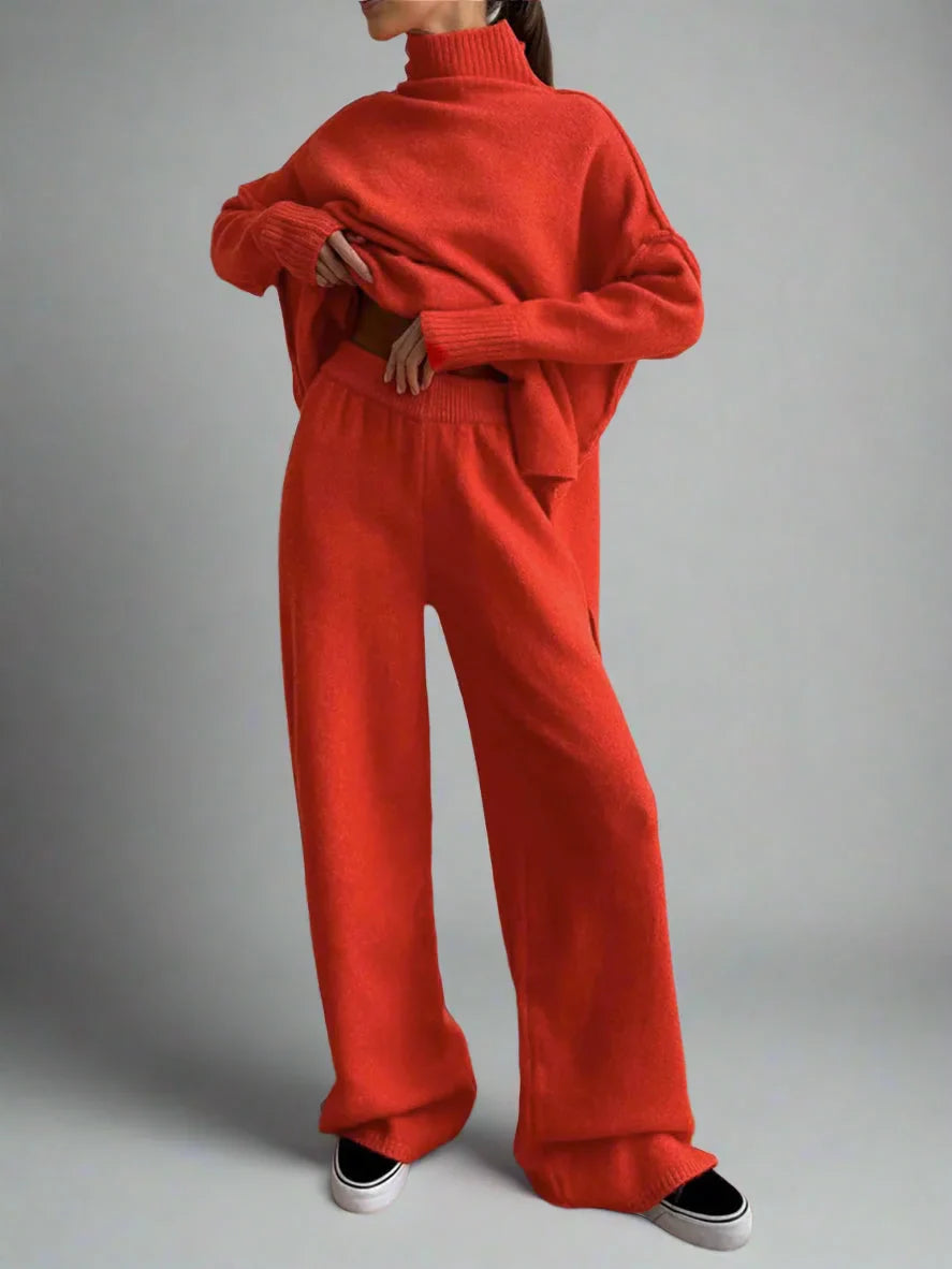 Ensemble femme marron en maille douce, col roulé et coupe décontractée pour un confort quotidien.