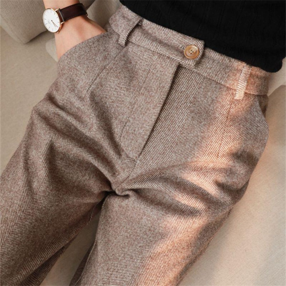 Pantaloni Donna Tessuto Spina di Pesce Vita Alta Slim