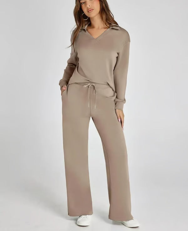 Completo Donna Maglione Scollo a V e Pantaloni Larghi Comodo Autunno