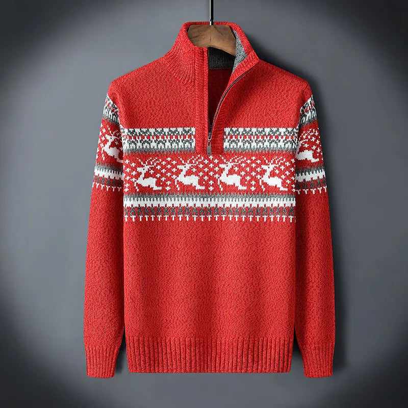 Maglione Uomo in Maglia Mezza Zip Motivo Stagionale