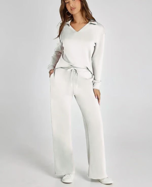 Completo Donna Maglione Scollo a V e Pantaloni Larghi Comodo Autunno