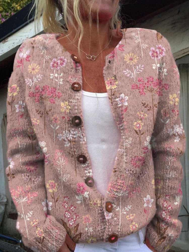 Cardigan Donna con Ricamo Floreale e Bottoni