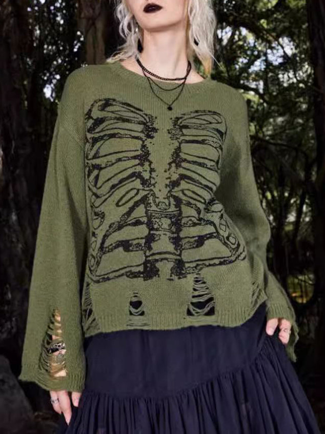 Maglione Uomo Manica Lunga Stile Scheletro Strappi