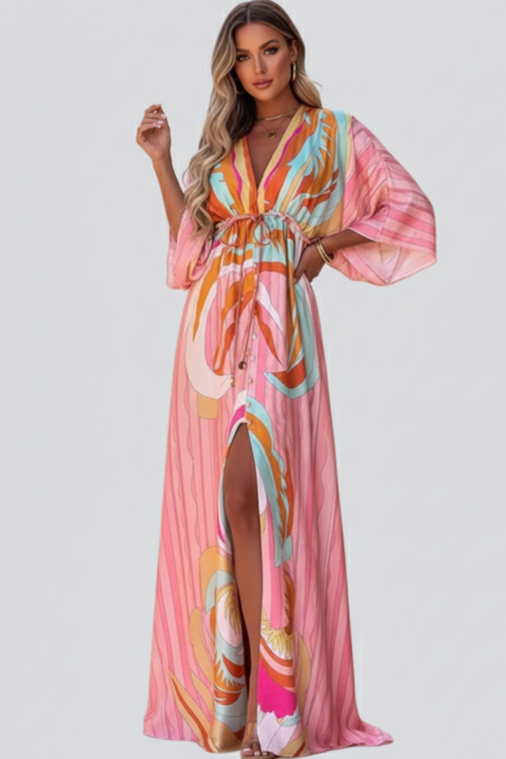 Abito Maxi Donna Scollo a V con Cintura in Vita
