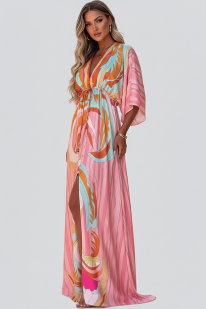 Abito Maxi Donna Scollo a V con Cintura in Vita