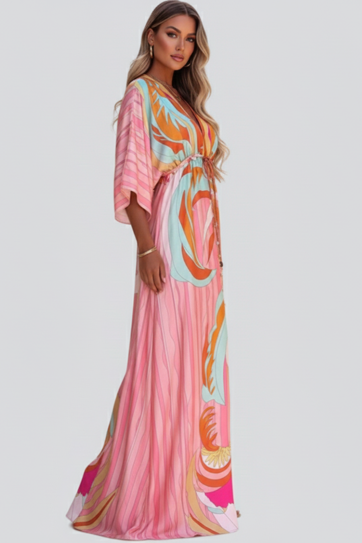 Abito Maxi Donna Scollo a V con Cintura in Vita