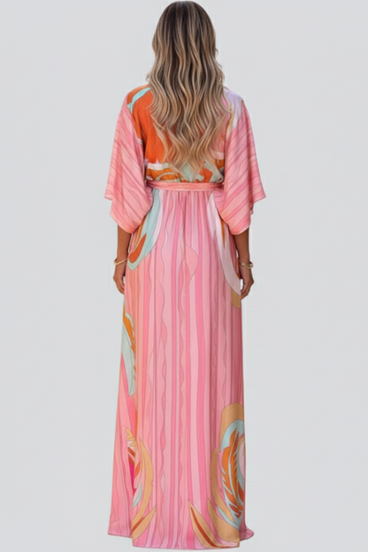 Abito Maxi Donna Scollo a V con Cintura in Vita