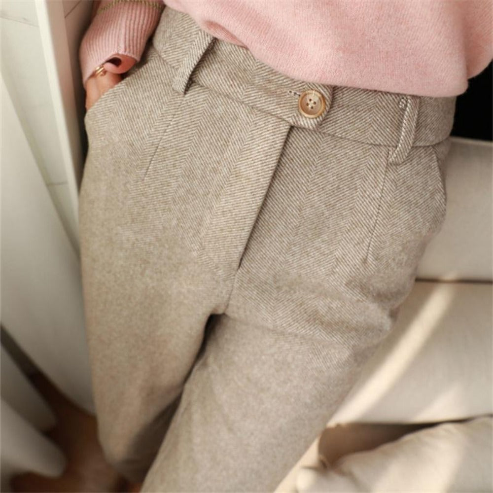 Pantaloni Donna Tessuto Spina di Pesce Vita Alta Slim