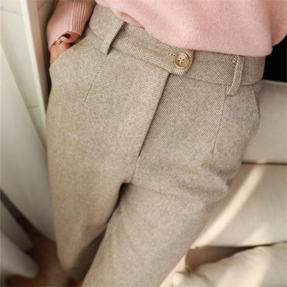 Pantaloni Donna Tessuto Spina di Pesce Vita Alta Slim