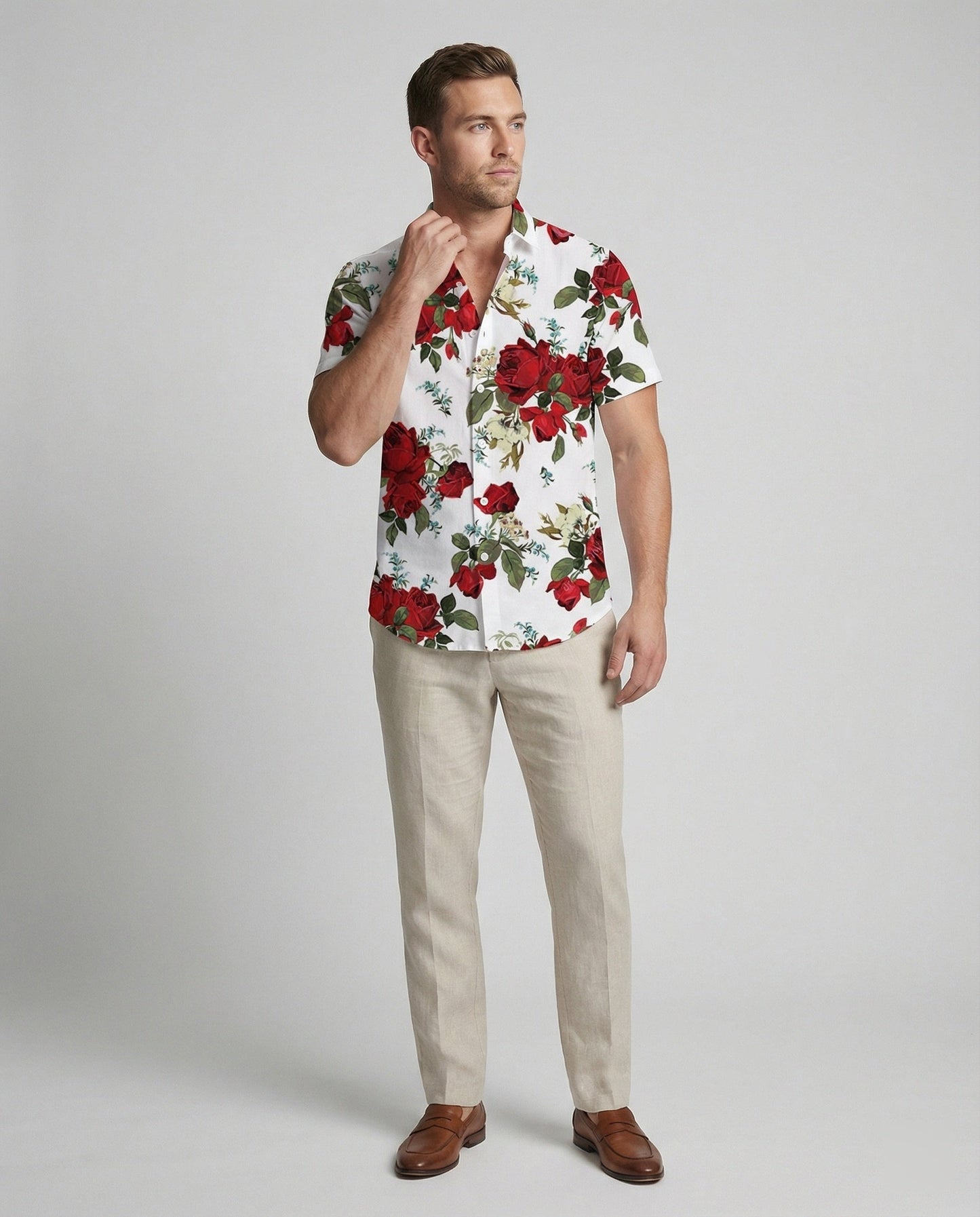 Camicia Uomo Manica Corta Fantasia Floreale Effetto Lino