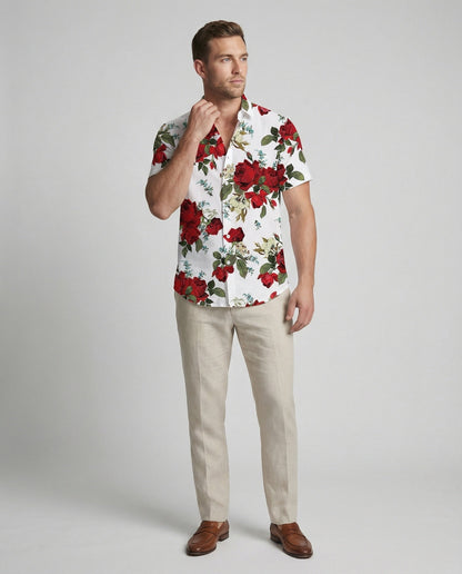 Camicia Uomo Manica Corta Fantasia Floreale Effetto Lino