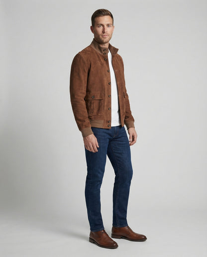 Giacca Bomber Uomo in Pelle Scamosciata Stile Casual