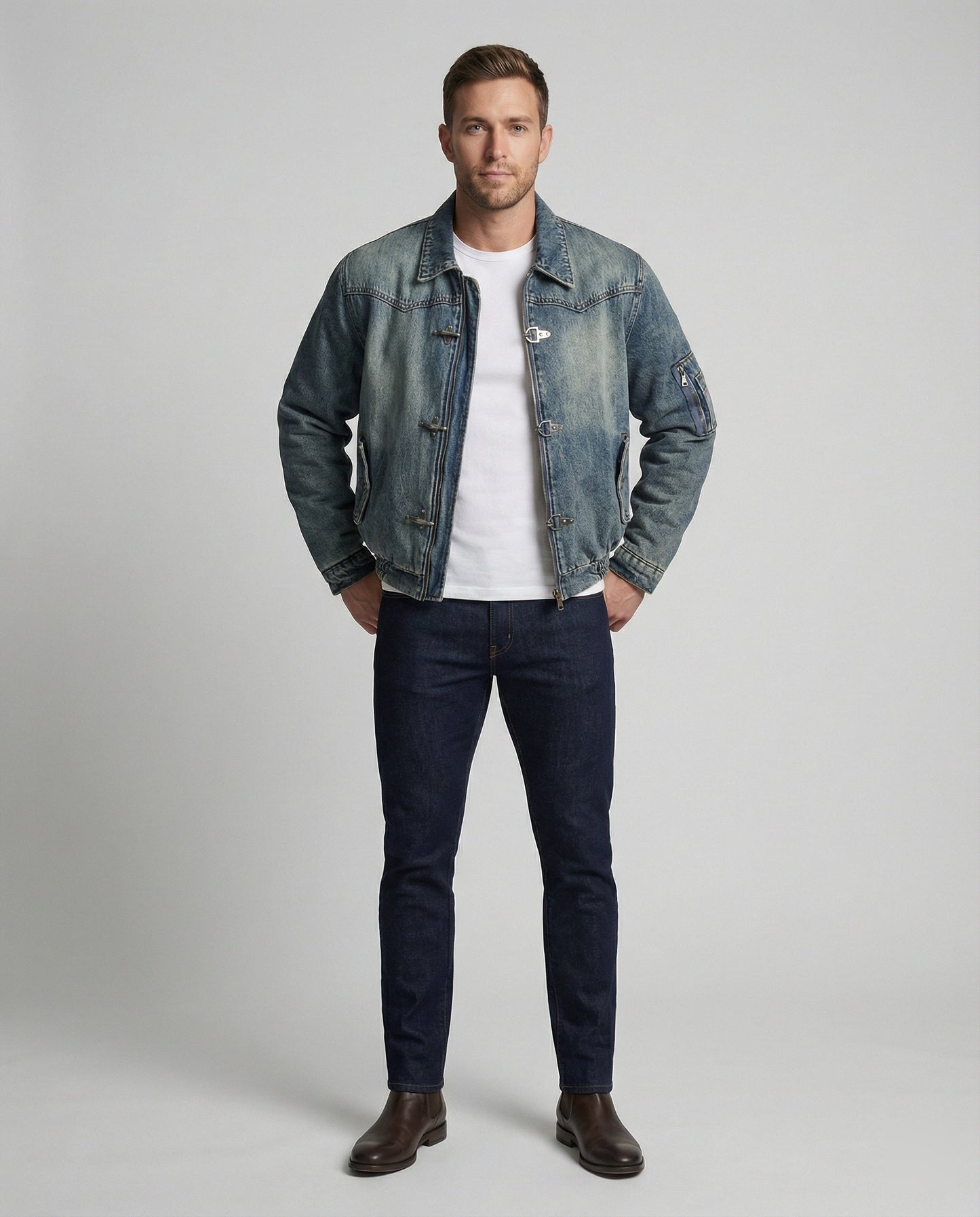 Giacca Bomber Uomo in Jeans con Fodera Teddy