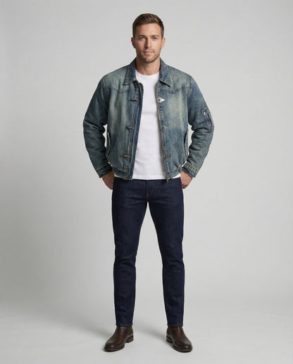 Giacca Bomber Uomo in Jeans con Fodera Teddy