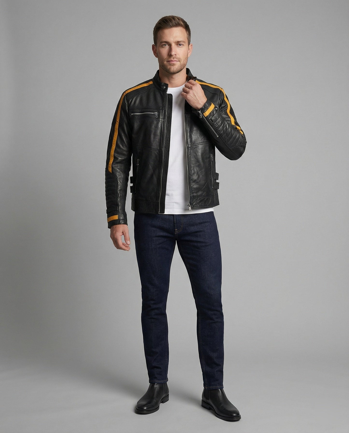 Giacca Moto Uomo in Pelle Collo Alto