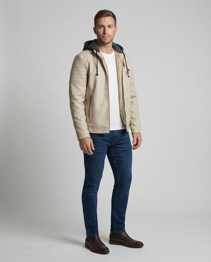 Giacca Uomo in Pelle con Cappuccio Integrato