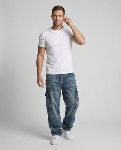 Jeans Cargo Uomo Tasche Comode Vestibilità Ampia
