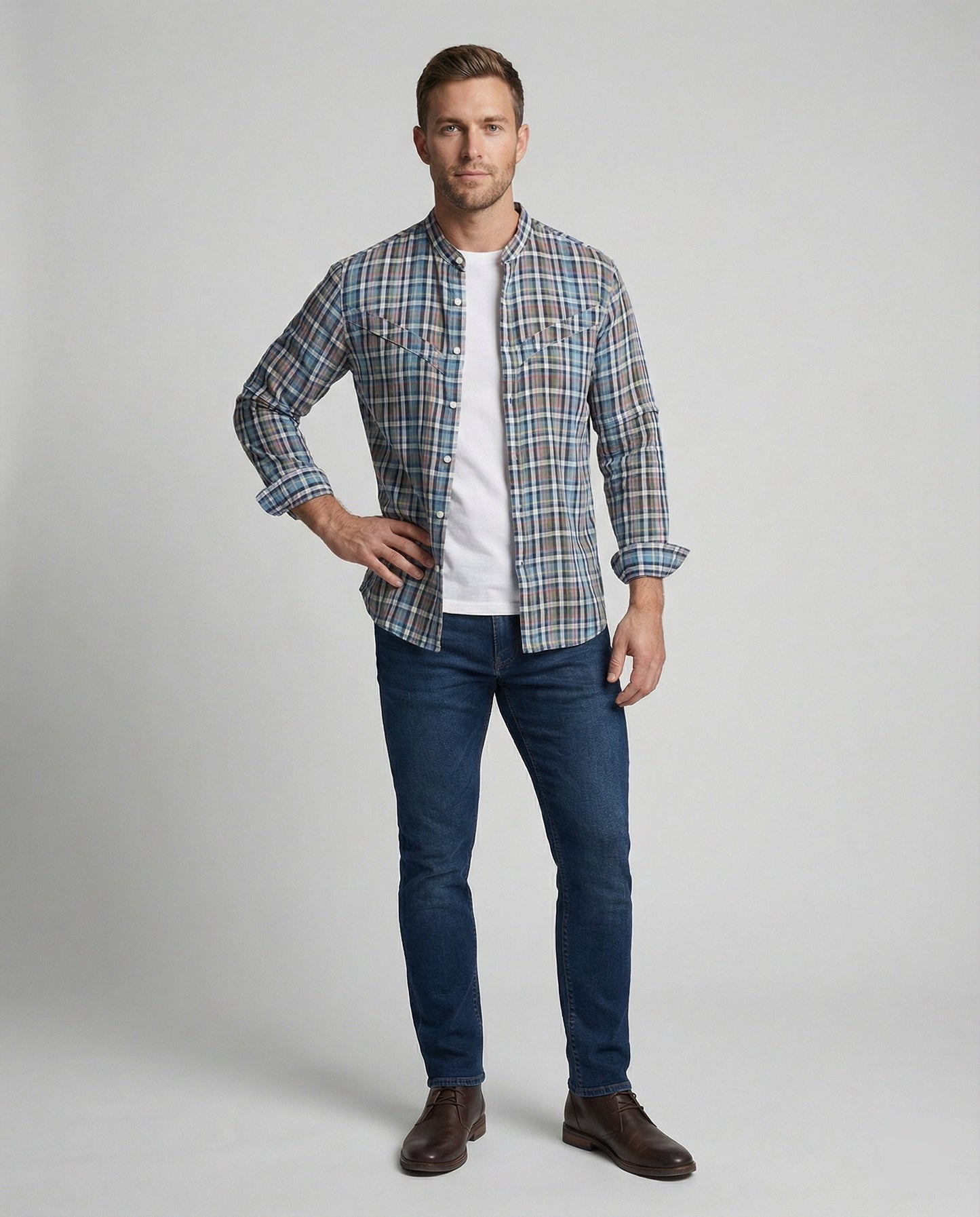 Camicia Uomo Manica Lunga Collo Coreano Quadri