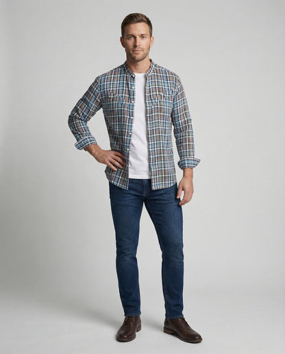 Camicia Uomo Manica Lunga Collo Coreano Quadri