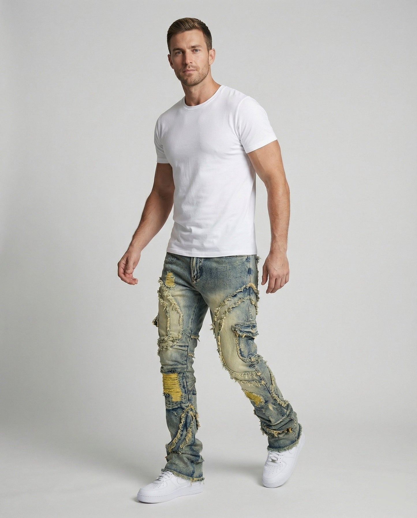 Jeans Uomo Strappati con Tasche Cargo Regular Fit