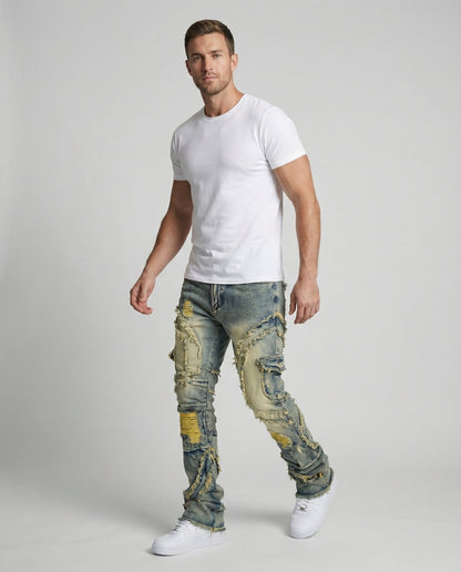 Jeans Uomo Strappati con Tasche Cargo Regular Fit
