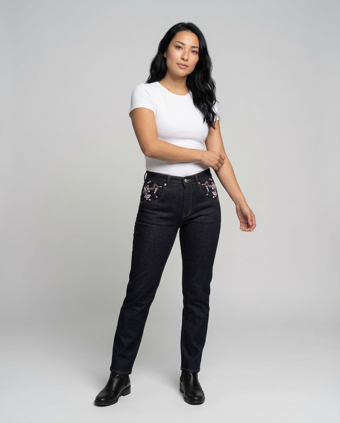 Jeans Donna Vita Alta Ricamo Perline Slim