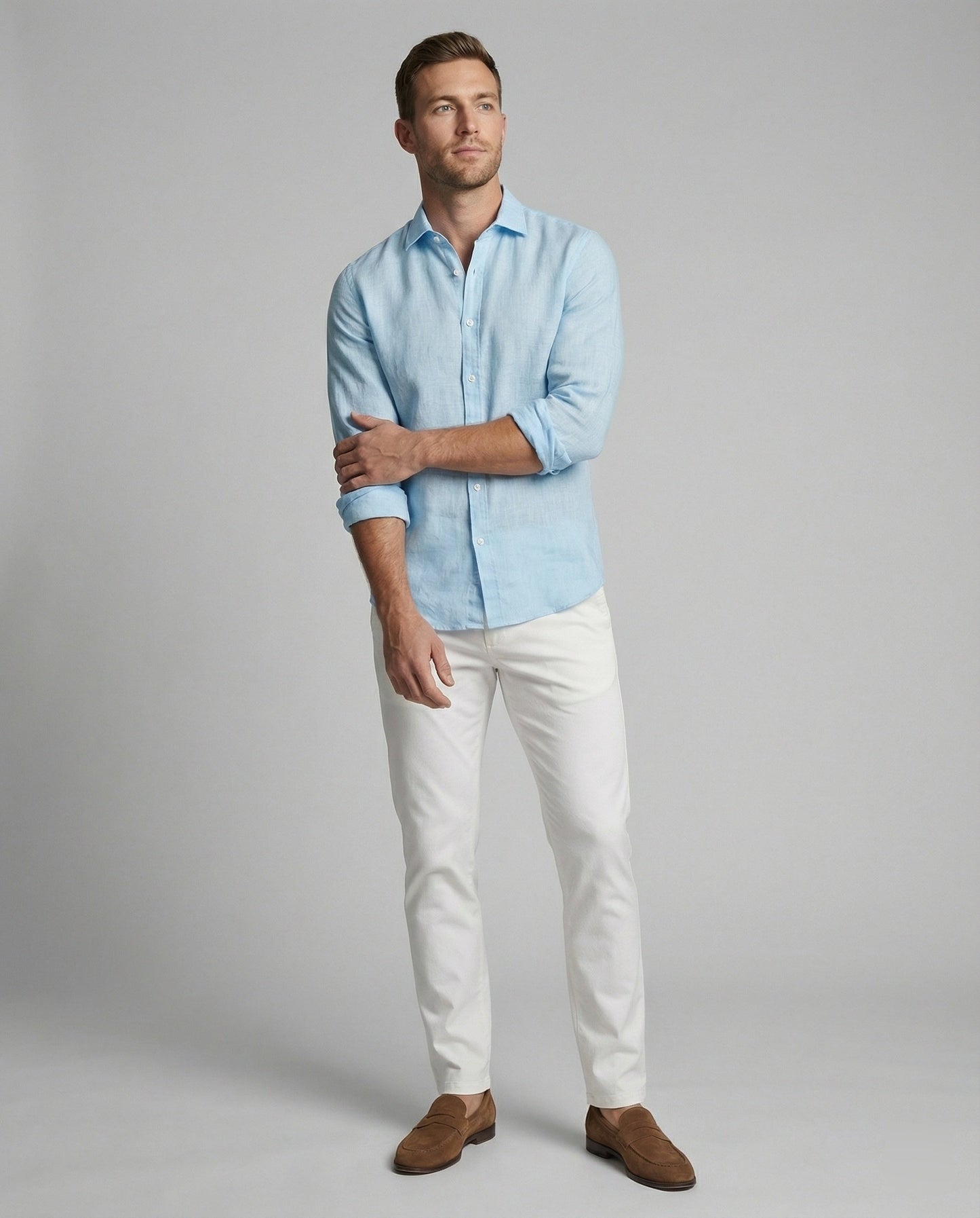 Camicia Uomo Lino Collo Coreano Manica Lunga