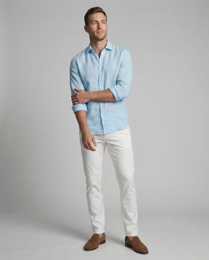 Camicia Uomo Lino Collo Coreano Manica Lunga
