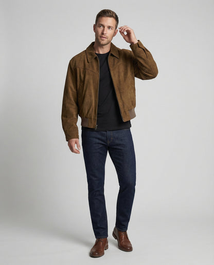 Bomber Uomo in Pelle Scamosciata Vestibilità Regular
