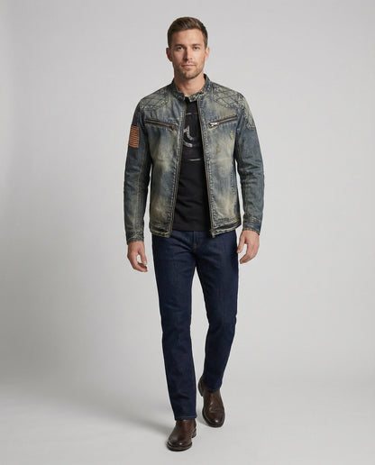 Giacca Jeans Uomo Stile Biker Collo Alto