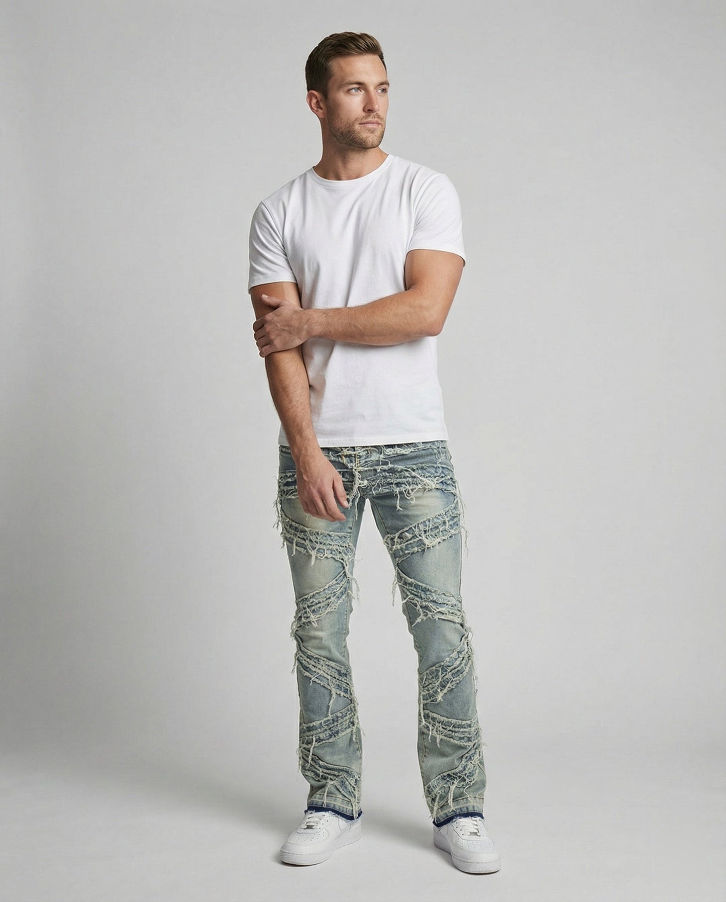 Jeans Uomo Denim Strappato Taglio Dritto