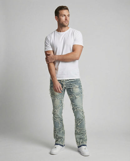 Jeans Uomo Denim Strappato Taglio Dritto