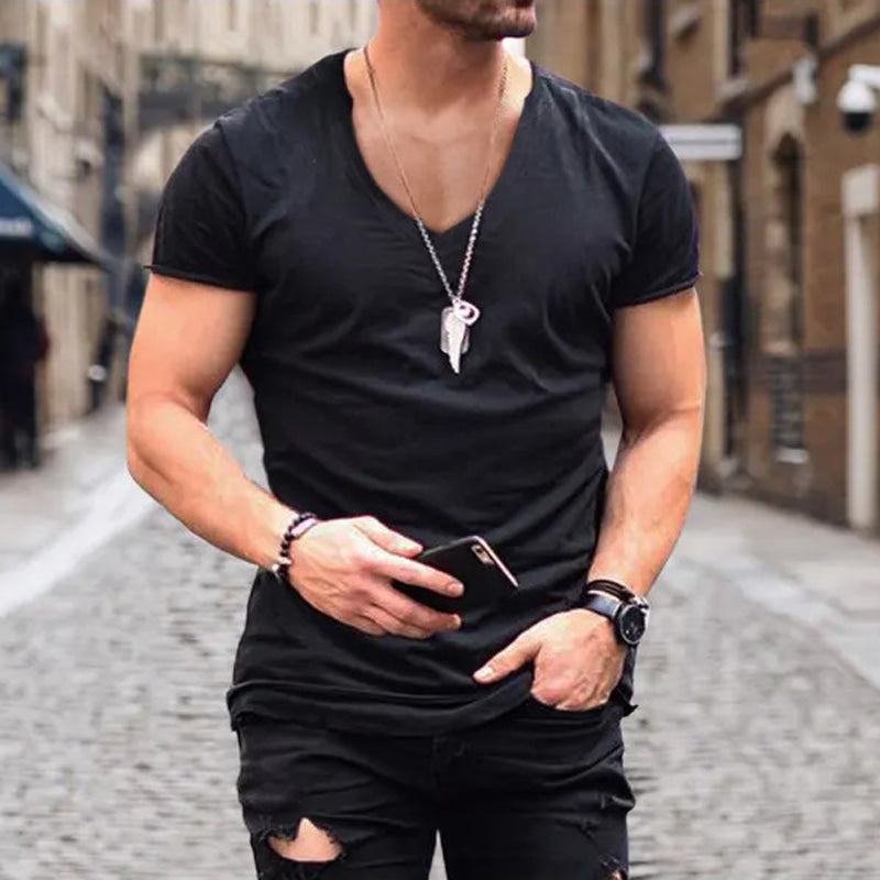 T-shirt Uomo Scollo a V Profondo Casual