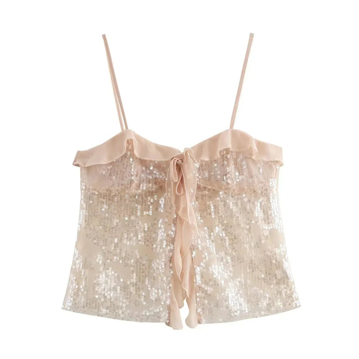 Haut femme Abricot à sequins, léger avec détails de volants transparents sur les manches pour un style élégant et aérien.