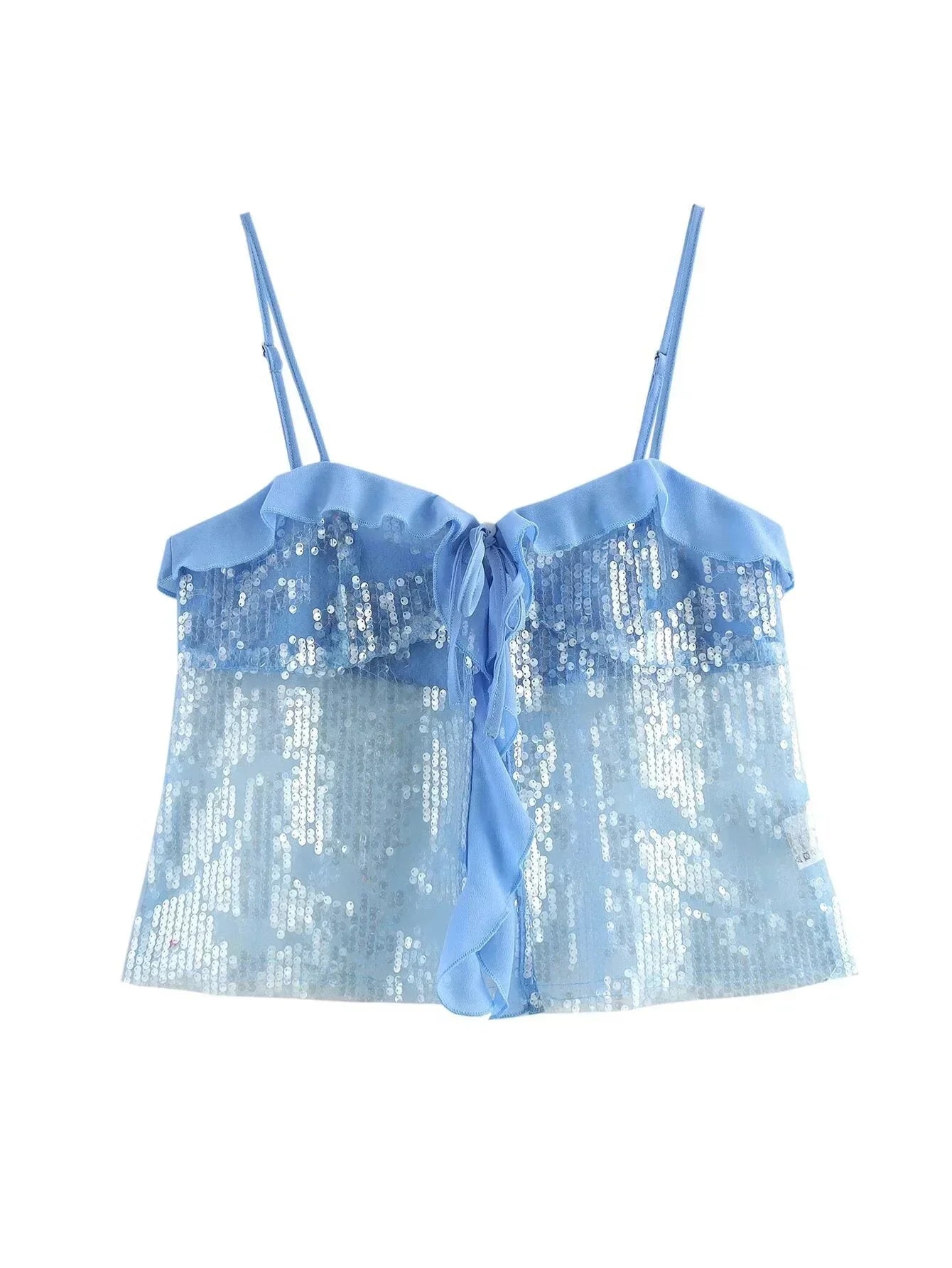 Haut femme bleu à sequins, avec détails en volants transparents pour un look élégant et festif.