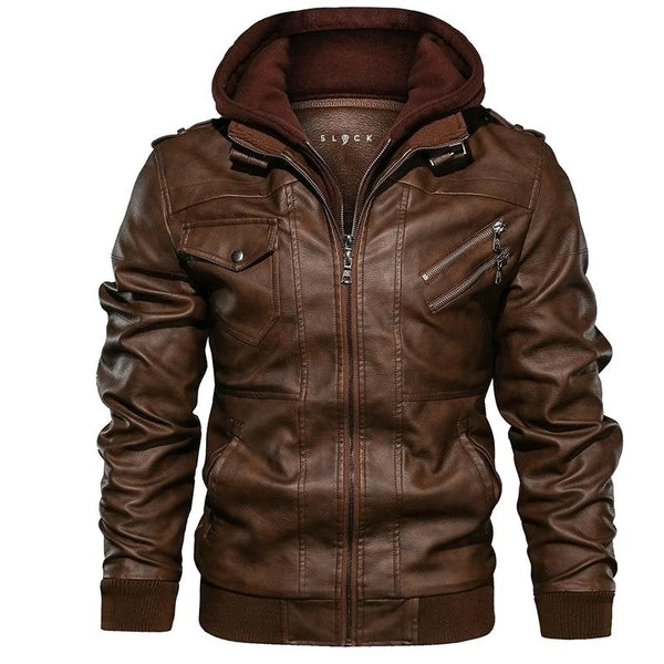 Giacca Uomo in Pelle con Cappuccio Rimovibile e Dettagli Trapuntati