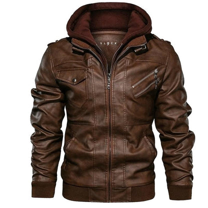 Giacca Uomo in Pelle con Cappuccio Rimovibile e Dettagli Trapuntati