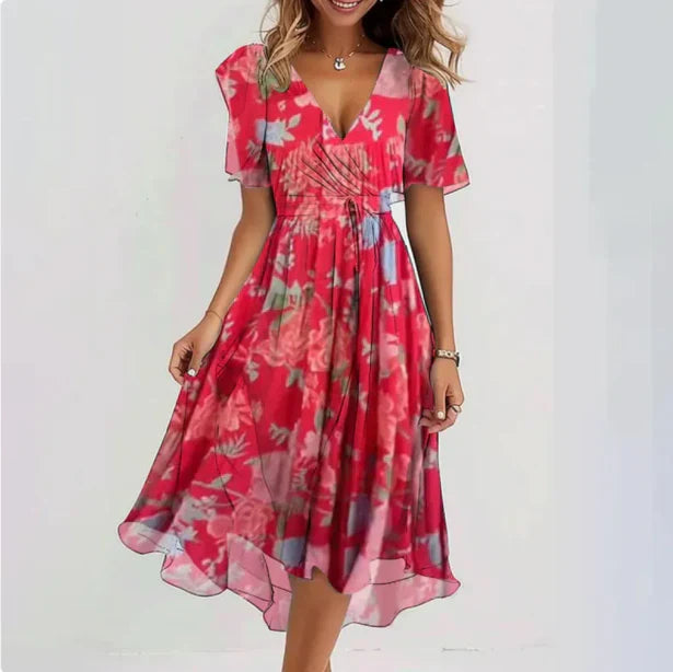 Abito Midi Donna Manica Corta Estivo Floreale