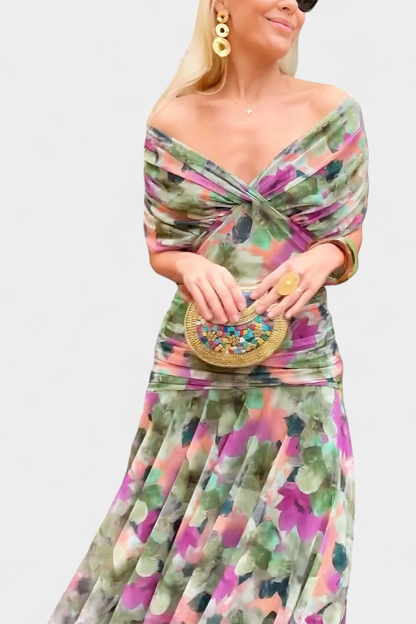 Abito Maxi Donna Spalle Scoperte Tessuto Arricciato