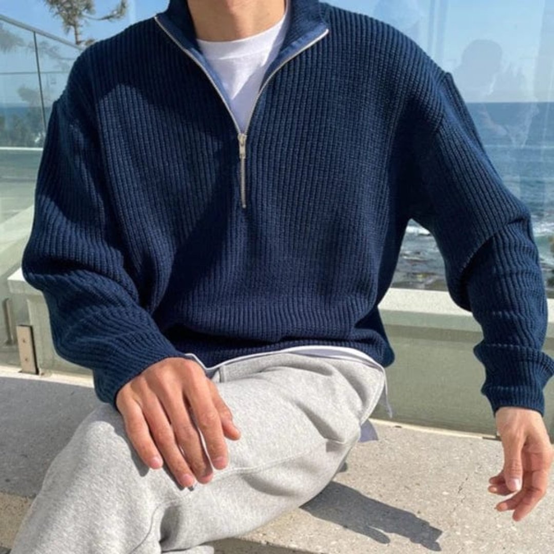 Maglione Uomo Mezza Zip Tessuto Strutturato Collo Alto
