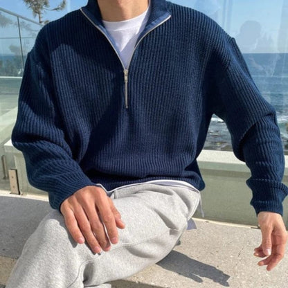 Maglione Uomo Mezza Zip Tessuto Strutturato Collo Alto