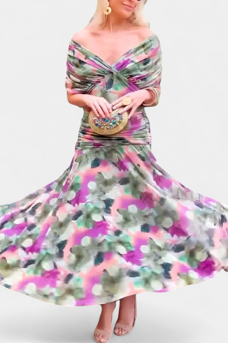 Abito Maxi Donna Spalle Scoperte Tessuto Arricciato
